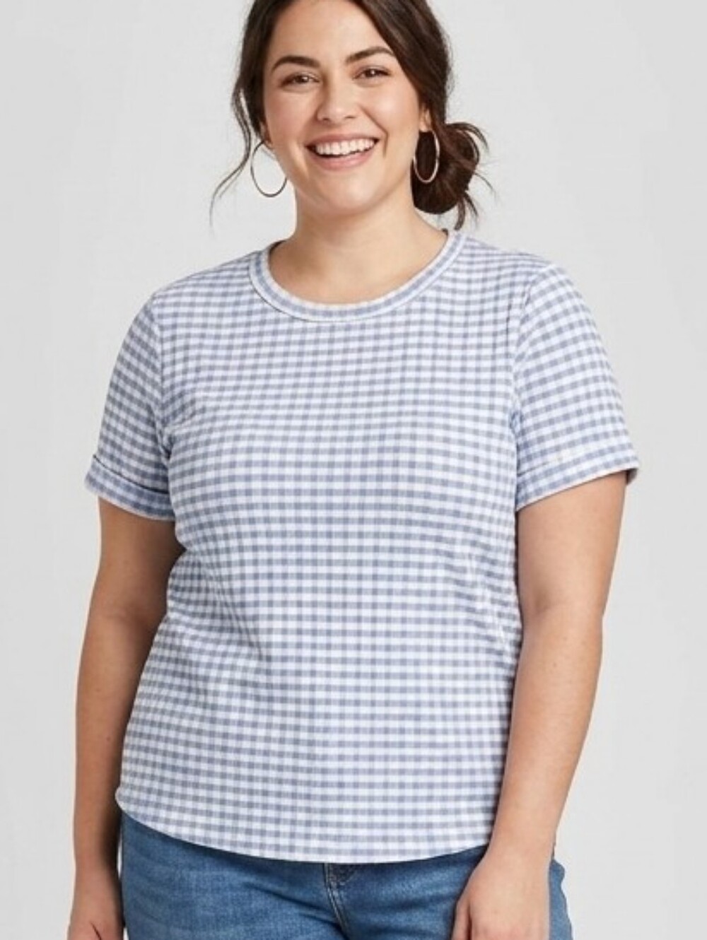 Women’s Light Blue & White Gingham Short Sleeve Blouse
